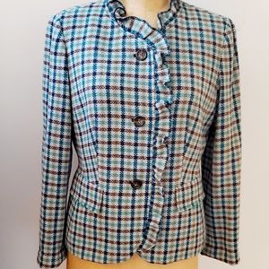 Talbots Wool Plaid Ruffle Blazer Elbow Patches